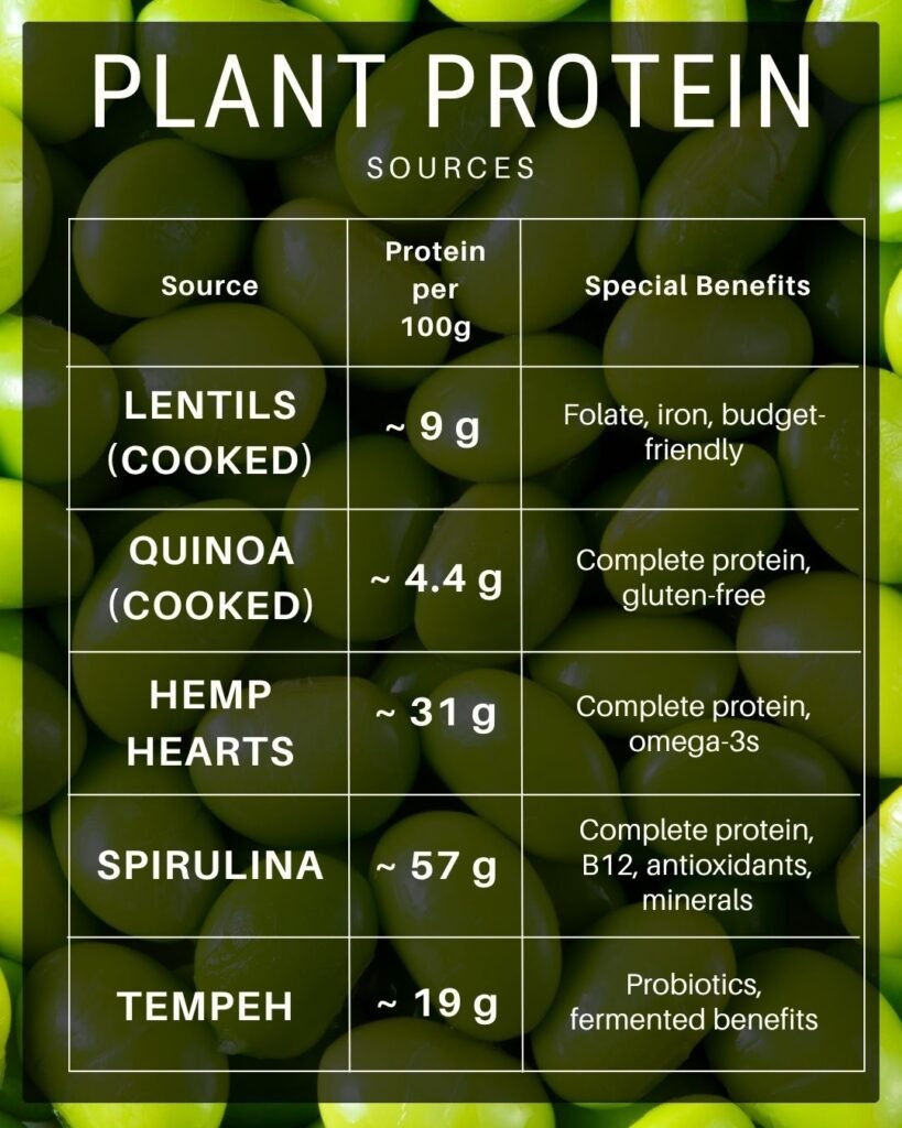 Plant-based protein content table showing vegetable protein sources per 100g