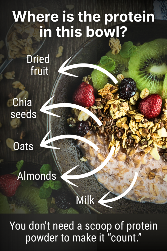 Protein bowl with oats, almonds, milk, raisins and chia seeds showing that there is protein in most of the foods we eat