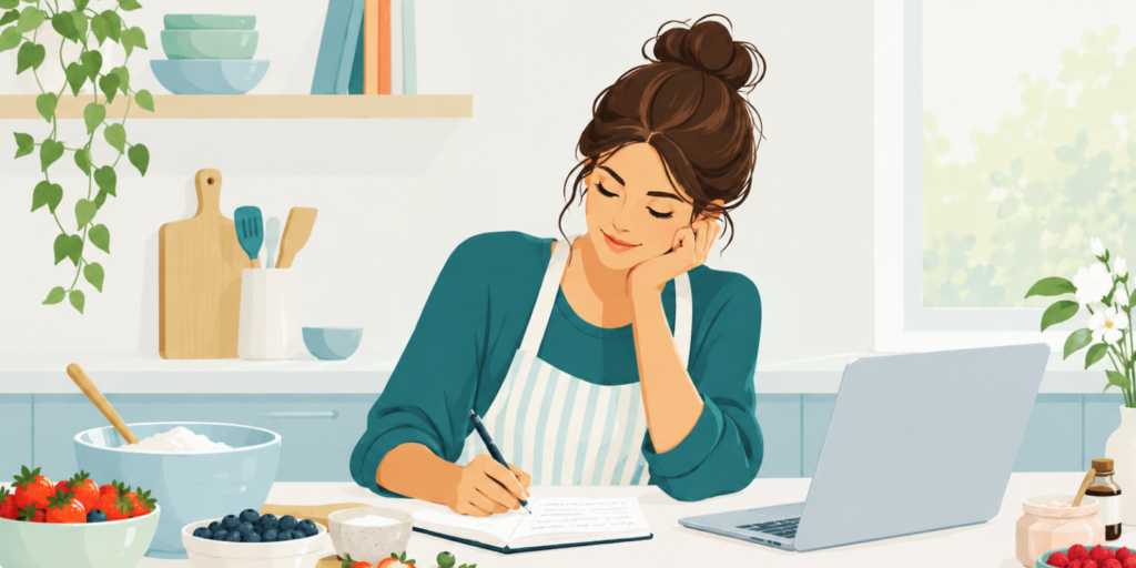 Woman testing protein recipes and baking high-protein desserts in her kitchen.
