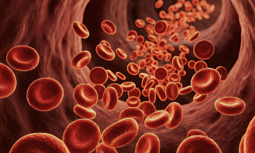 Red blood cells in the bloodstream. The protein hemoglobin helps transport oxygen throught the body tissues