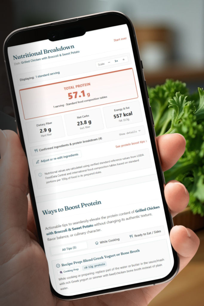 Nutritional breakdow of a meal obtained qith a protein checker app.